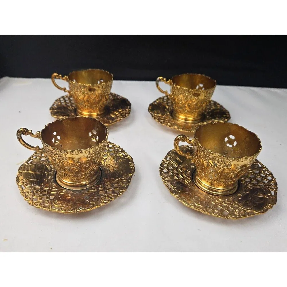 Gold Brass Gilded Plated Metal Demitasse Tea Set Cup Holder & Saucer Set of 4 - Picture 5 of 13